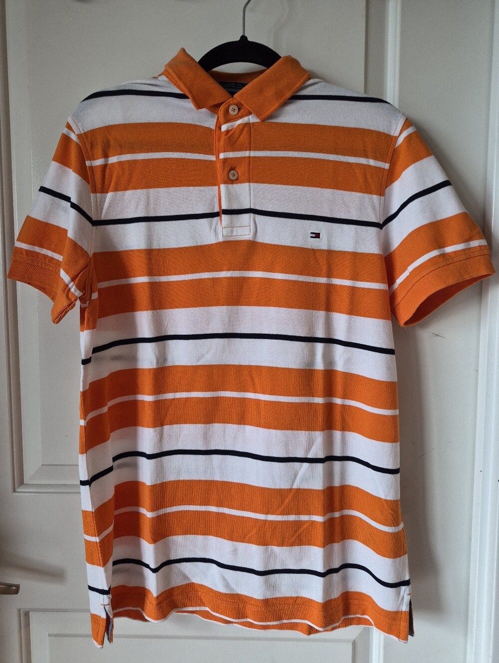 Tommy Hilfiger Orange, White & Black Striped Polo Shirt - Men Size Small